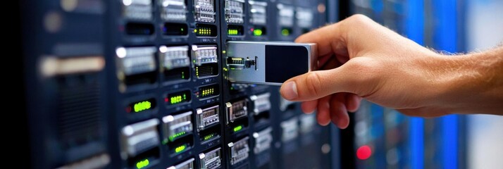 Inserting A Drive Into Server Rack For Data Storage and Backup Concept