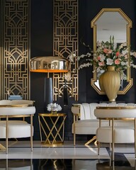 Art Deco style interior design of a modern living room with black wall and golden decor pieces.