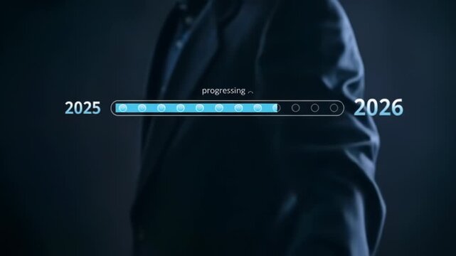 A person in a dark suit touches a progress bar between 2025 and 2026