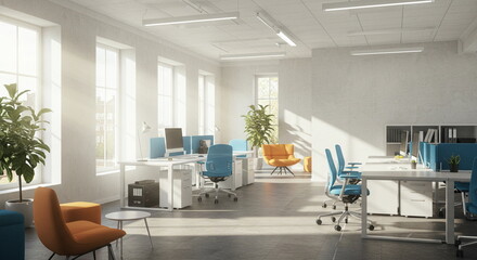 Bright Modern Office Interior with Desks and Natural Light
