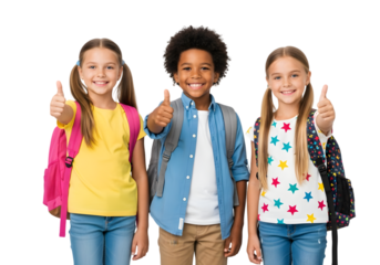 Diverse and happy young students, with school backpacks, confidently show thumbs-up, representing their readiness for learning and a positive outlook on education