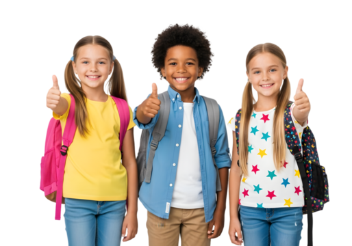 Diverse and happy young students, with school backpacks, confidently show thumbs-up, representing their readiness for learning and a positive outlook on education - Powered by Adobe