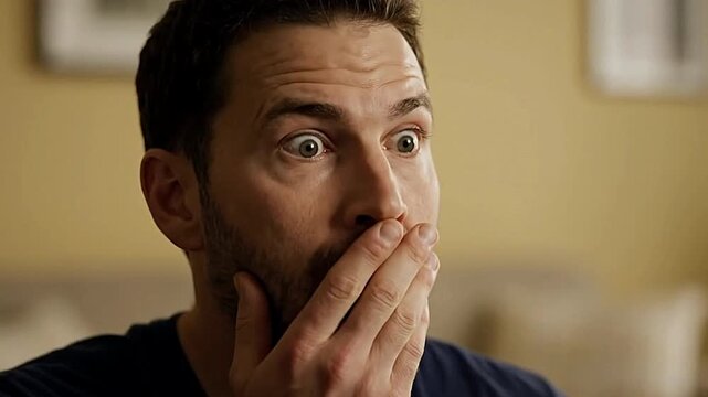 Man gasps covering mouth with hand eyes wide in surprise Tan wall backdrop