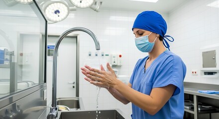Female surgeon in sterile scrubs and mask meticulously washing hands at a scrub sink before an operation in a hospital theatre.