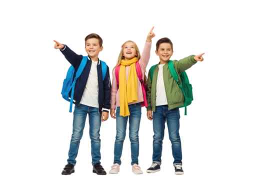 Bright-eyed young students in backpacks joyfully pointing towards exciting new opportunities and educational paths, full of curiosity and eager to discover the world ahead