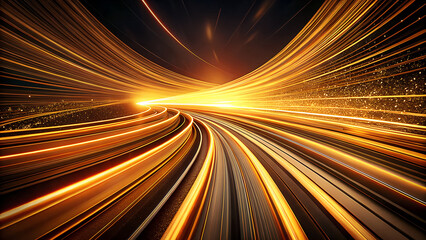 Vast network of glowing golden light trails converging towards a bright luminous horizon representing speed and data transmission