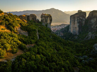 Meteora Monasteries at Sunset Aerial View of Greece's Cliffside Heritage