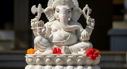 Fototapeta premium Elegant White Marble Ganesha Statue Adorned with Flowers, Hindu God of Success and Wisdom