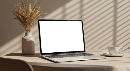 Laptop Mockup with Coffee and Pampas Grass in Minimalist Interior