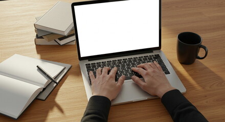 Laptop with Blank Screen on Wooden Desk, Remote Work Setup