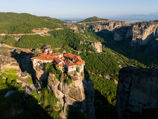Meteora Monasteries at Sunset Aerial View of Greece's Cliffside Heritage