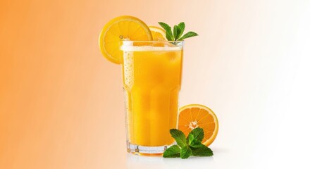 Fototapeta premium Refreshing orange juice with mint garnish against gradient background
