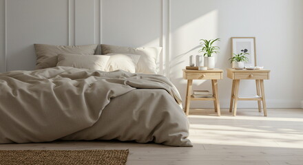 Minimalist Bedroom Interior with Natural Light and Wooden Accents