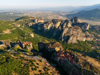Meteora Monasteries at Sunset Aerial View of Greece's Cliffside Heritage
