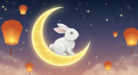 Fototapeta premium Artistic Mid Autumn Festival Rabbit on Crescent Moon Illustration Design