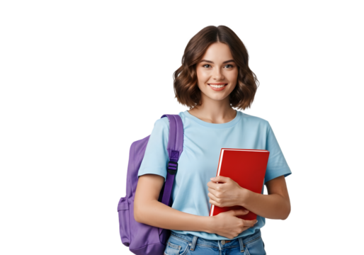 A cheerful young female student with a purple backpack and a red book, confidently smiling, embodying academic readiness and a positive learning journey