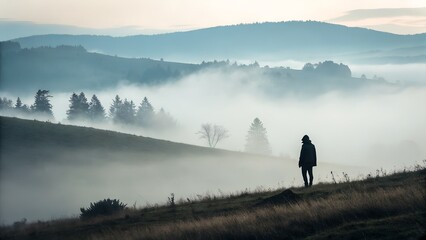 Serene morning landscape featuring a lone figure standing in a misty valley surrounded by rolling hills and distant trees and clouds