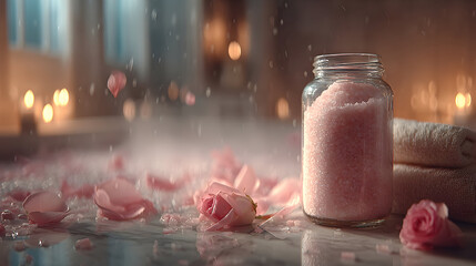 Pink bath salts in a glass jar with rose petals on a surface, candles and a brush in the background.