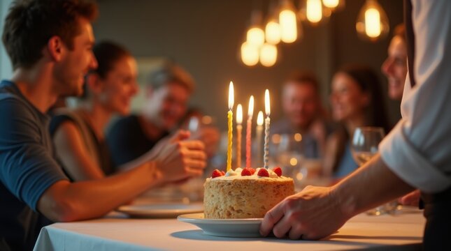 Close-up waiter placing candle-lit birthday dessert on table with smiling guests blurred behind, warm welcoming mood
