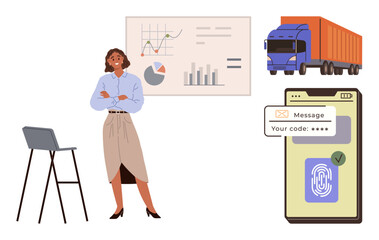 Professional woman standing near charts, truck, and mobile app displaying security features. Ideal for logistics, data analysis, supply chain, transport, technology, business planning communication