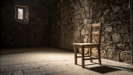 A solitary wooden chair stands in a dark, aged stone room illuminated by natural light streaming through a small window.