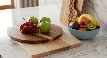Close-up of fruit on wooden cutting boards and in a blue bowl on a marble countertop.