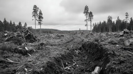 Desolate landscape of a recently cleared forest in monochrome