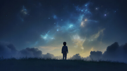 Lone figure gazing at a vast starry night sky with swirling colorful clouds and ethereal light