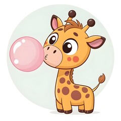 Adorable Chibi Giraffe Blowing A Pink Bubblegum Balloon, Cute Kawaii Cartoon Animal Illustration Perfect For Playful Nursery Art, Fun Stickers, Sweet Decor, And Whimsical Designs