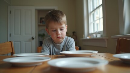 Young boy looking disappointed at a kitchen table with empty plates, soft daylight, neutral tones, lifestyle concept
