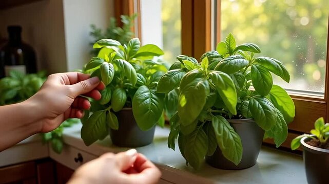 Gentle hands tenderly touch fresh green basil leaves bathed in warm natural sunlight from a bright window, evoking healthy home gardening and culinary inspiration.