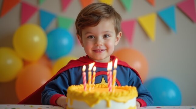 Happy boy in superhero costume behind birthday cake with candles, balloons and bunting, bright colors, festive mood, shallow depth
