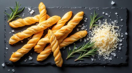 Top view twisted parmesan breadsticks on slate with grated cheese, rosemary and salt, bright minimal styling