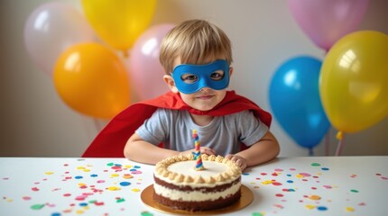 Top view boy in superhero mask at festive table with birthday cake, balloons and confetti, bright playful colors