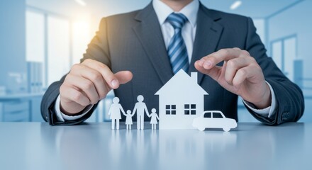 Protective Hands Shielding Paper Cutouts of Family, Home, and Auto Assets.