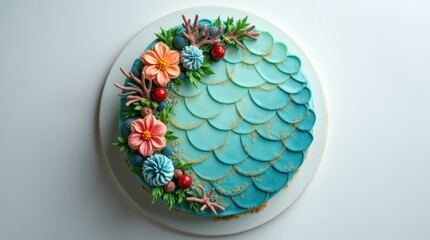 Overhead mermaid cake with ombre buttercream scales, gold accents, coral and seaweed details, sparkly edible glitter
