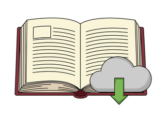 Vector illustration of open book with cloud download icon, representing digital information storage and online learning