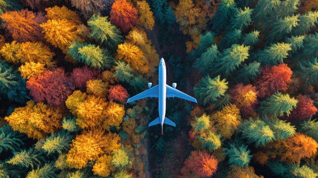 airplane above autumn forest colors