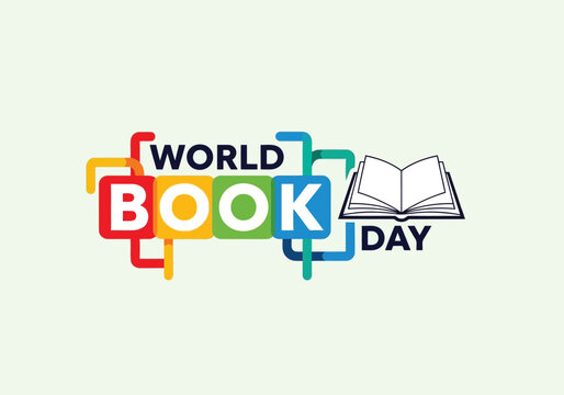 Vector illustration of world book day logo with colorful typography and an open book icon, celebrating literature and reading