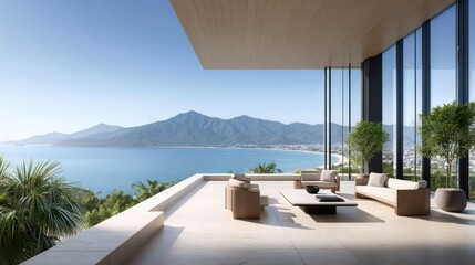 A modern, open-air living space with stunning views of mountains and the sea, featuring minimalist furniture and lush greenery.