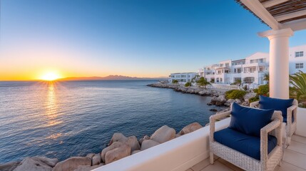Obraz premium A serene seaside view featuring a sunset over calm waters, with stylish seating and modern architecture in the background.