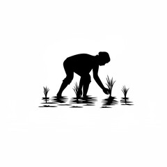 Farmer bending down, planting rice seedlings, one hand steady, other hand pushing seedling into mud silhouette on white background