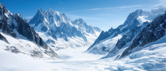 Naklejka premium A stunning snowy mountain landscape with sharp peaks under a clear blue sky, showcasing the beauty of nature's winter scenery.