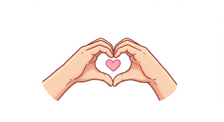 Obraz premium Cartoon hand offering a heart shape made with thumbs and index fingers, cute style, soft pastel colors, centered on white background