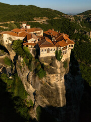 Meteora Monasteries at Sunset Aerial View of Greece's Cliffside Heritage