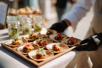 selection of appetizers and tacos being plated by chef in black gloves at event concept of no dish meals food service marketing