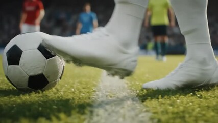 Close-Up of Football Player's Feet in Action - The video showcases the feet of a football player wearing white boots, poised on the lush green grass of a stadium during an active match.