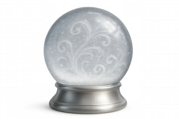 Glass snow globe featuring miniature winter scene, resting on silver pedestal, white background