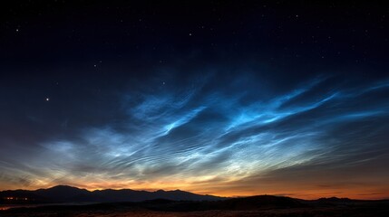 Fototapeta premium Noctilucent Clouds Glow at Night Over Landscape; atmospheric science use