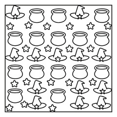 Seamless Halloween Pattern with Pumpkins, Ghosts, and Cats coloring page, line art 